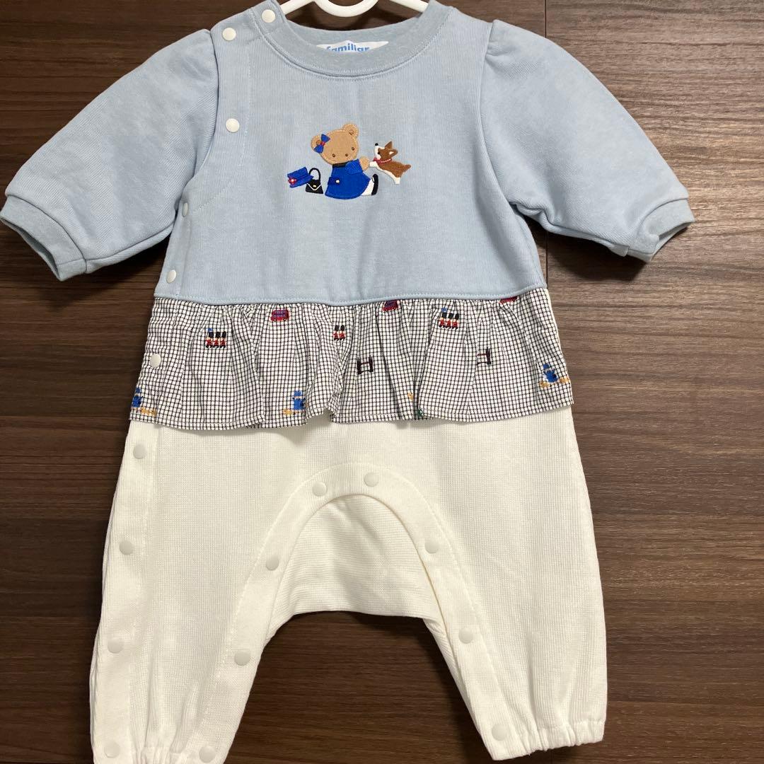 familiar 水色 白 ロンパース 60 familiar - familiar ファミリア 白襟 水色 犬 刺繍 半袖 ロンパース