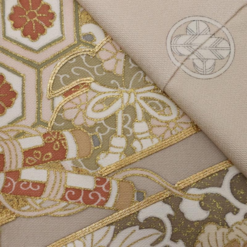 《長尺■色留袖■古典柄◆檜扇に文箱吉祥文■ベージュ◆袷正絹着物◆DY3-7》