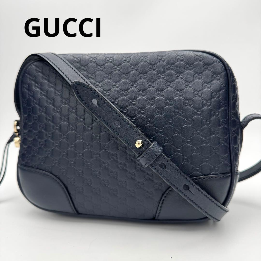GUCCI グッチ マイクロシマ レザー ショルダーバッグ 斜め掛け 黒紺