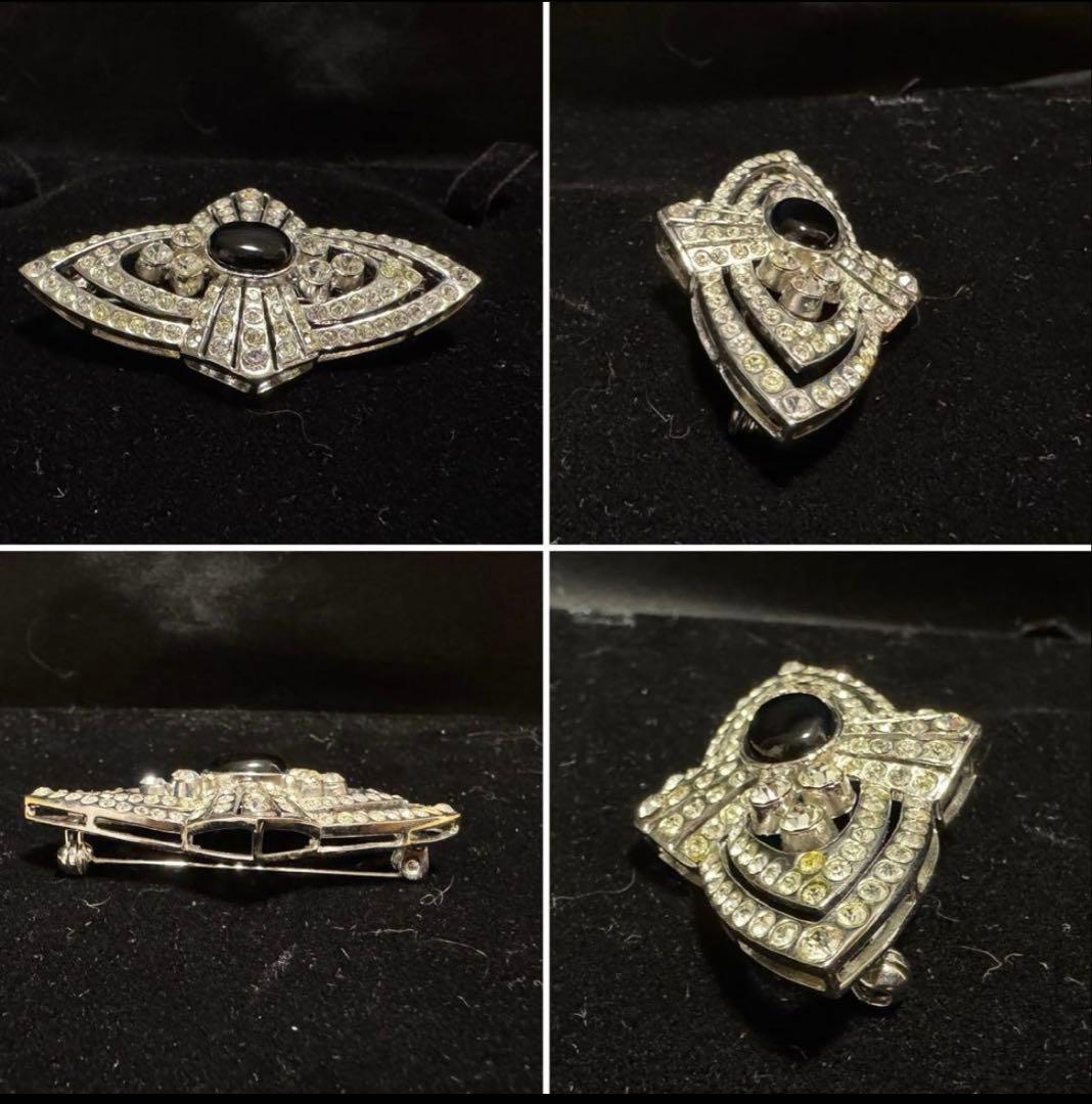 フランス ヴィンテージ 銀張りのライトストーンと黒色石のブローチ