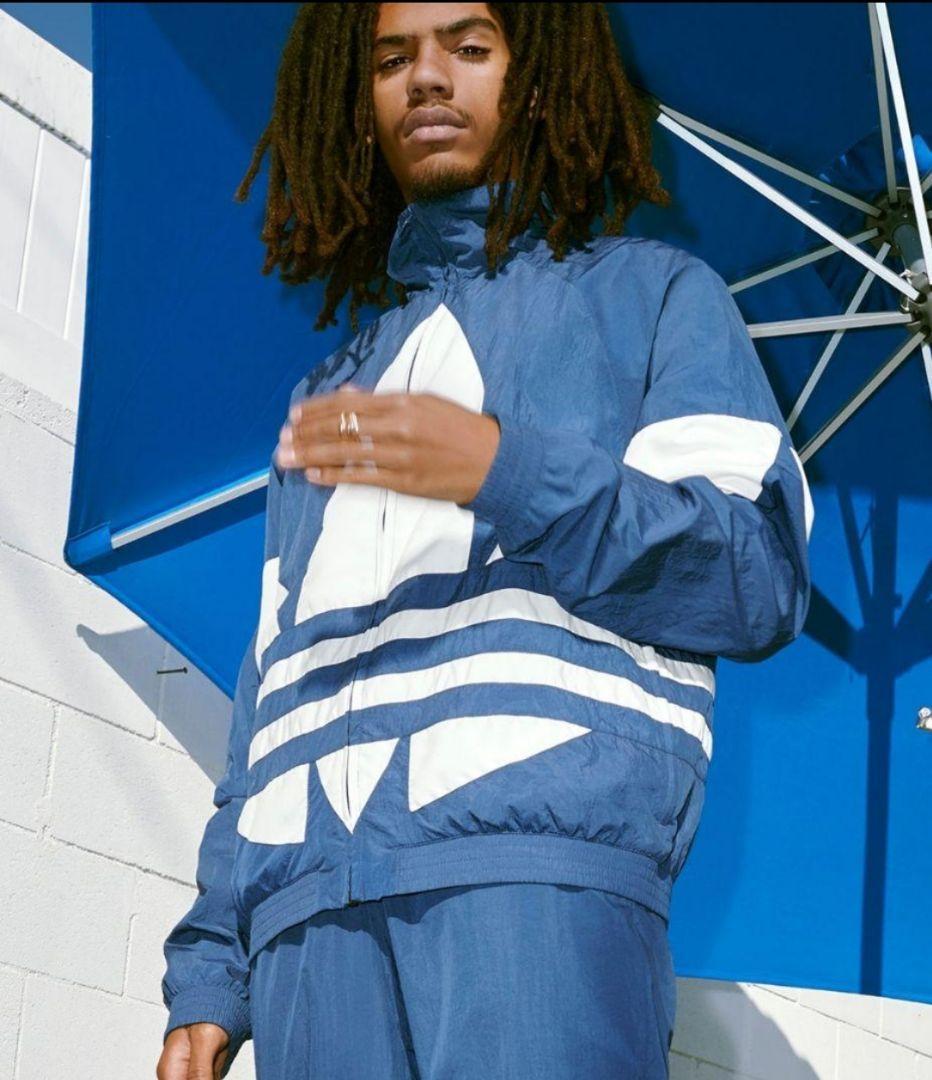 adidas 青 ビッグトレフォイル ブルゾン ナイロンジャケット メンズO