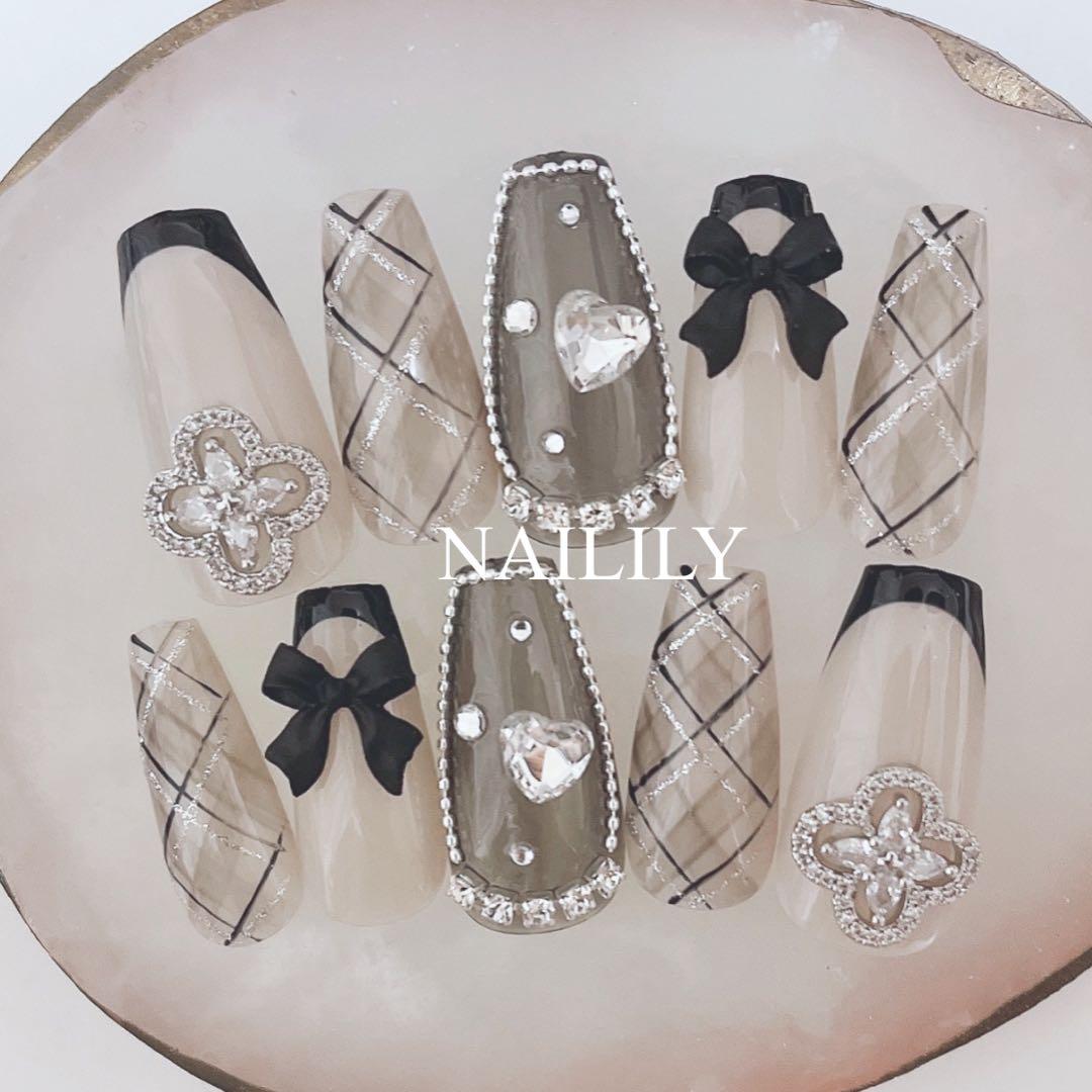 ネイルチップ チェック ガーリー 韓国 リボン 量産型 地雷系