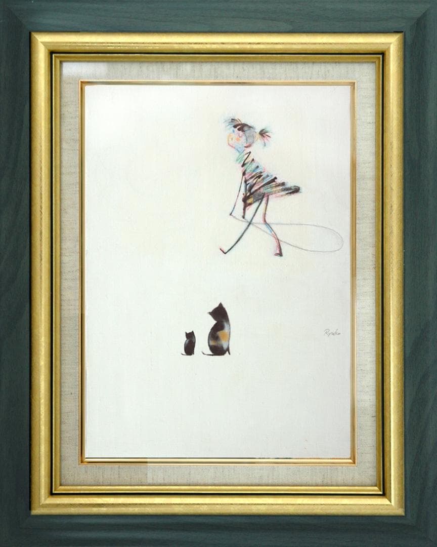 油絵 菅家令子 絵 絵画インテリア額付(青緑＋金色の枠)F4-030319猫女子 油絵 菅家令子 絵 絵画インテリア額付(青緑＋金色の枠) F4-071012女性