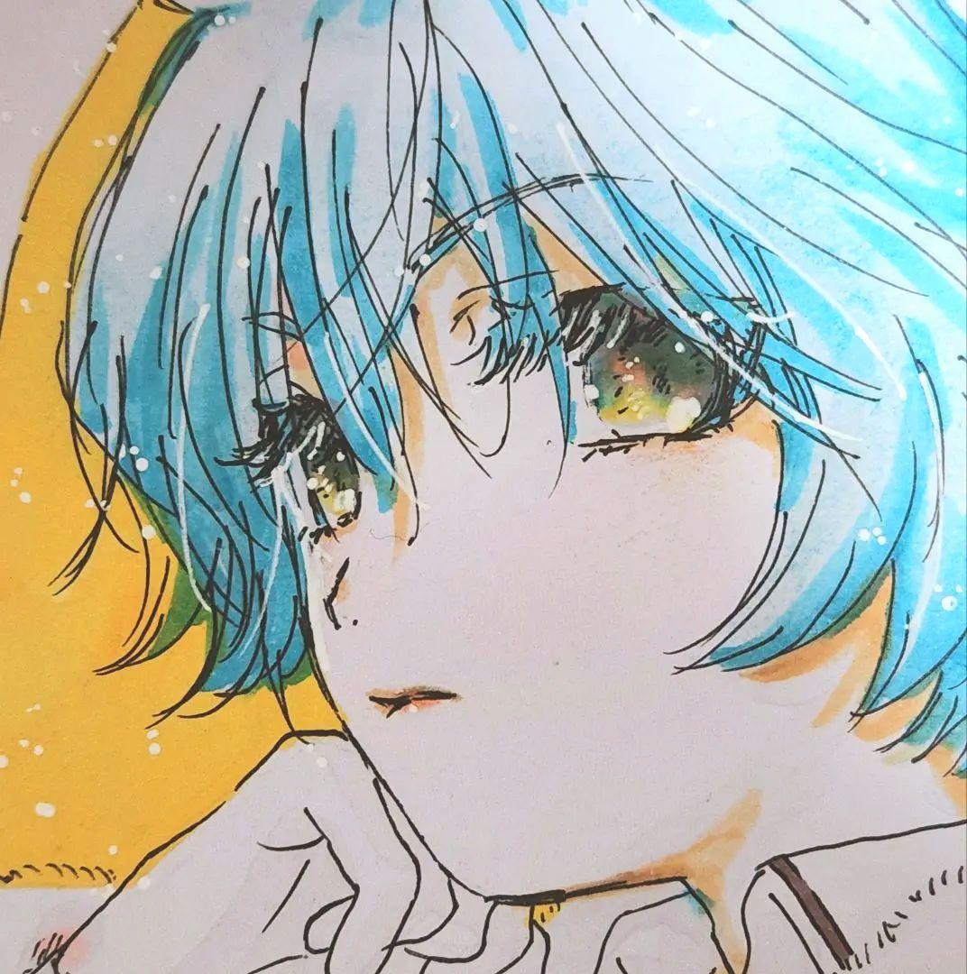 手描きイラスト オリジナル うさ耳 男の子 ミニ色紙 イースター 原画