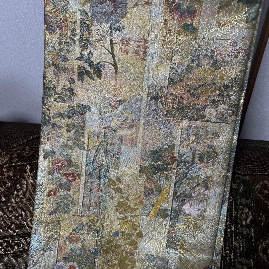 証紙付き！純金平織りプラチナ箔／裏表全通‼️近代花鳥画袋帯♡ - メルカリ