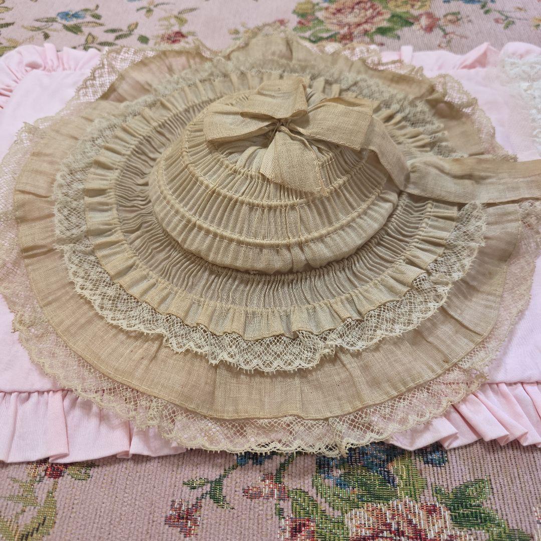 フランスアンティーク　ビスクドール　ボネハット　リネン　フリル　ジュモー　帽子 アンティーク ドール 帽子 | フランス ドール用 ストローハット