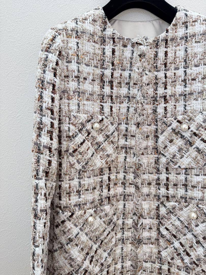 アナイ ラメスラブツイードロング ジャケット ノーカラージャケット