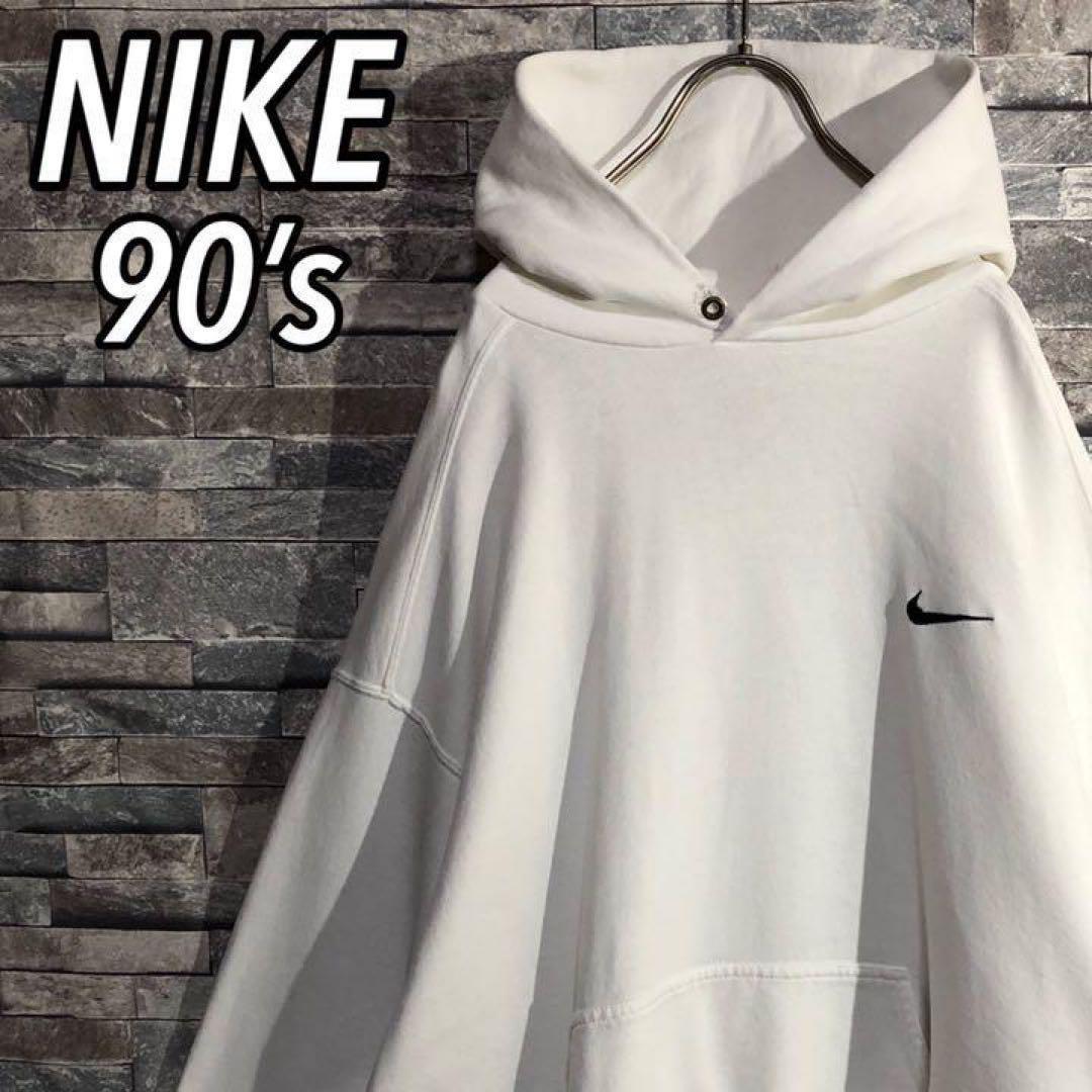 90sナイキビッグシルエット刺繍ロゴパーカースウェットNIKE白ホワイト