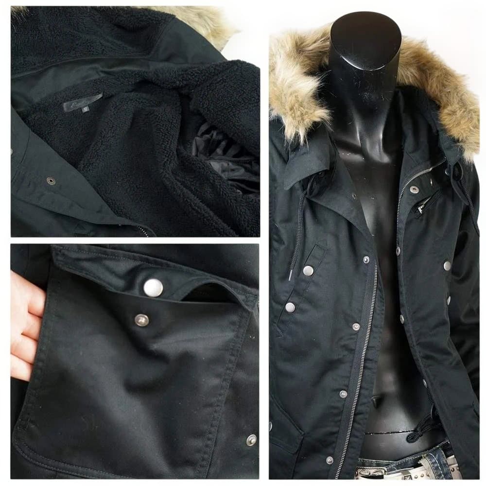 ミリタリー系 裏ボアファー付 モッズコート☆ブラック☆LL