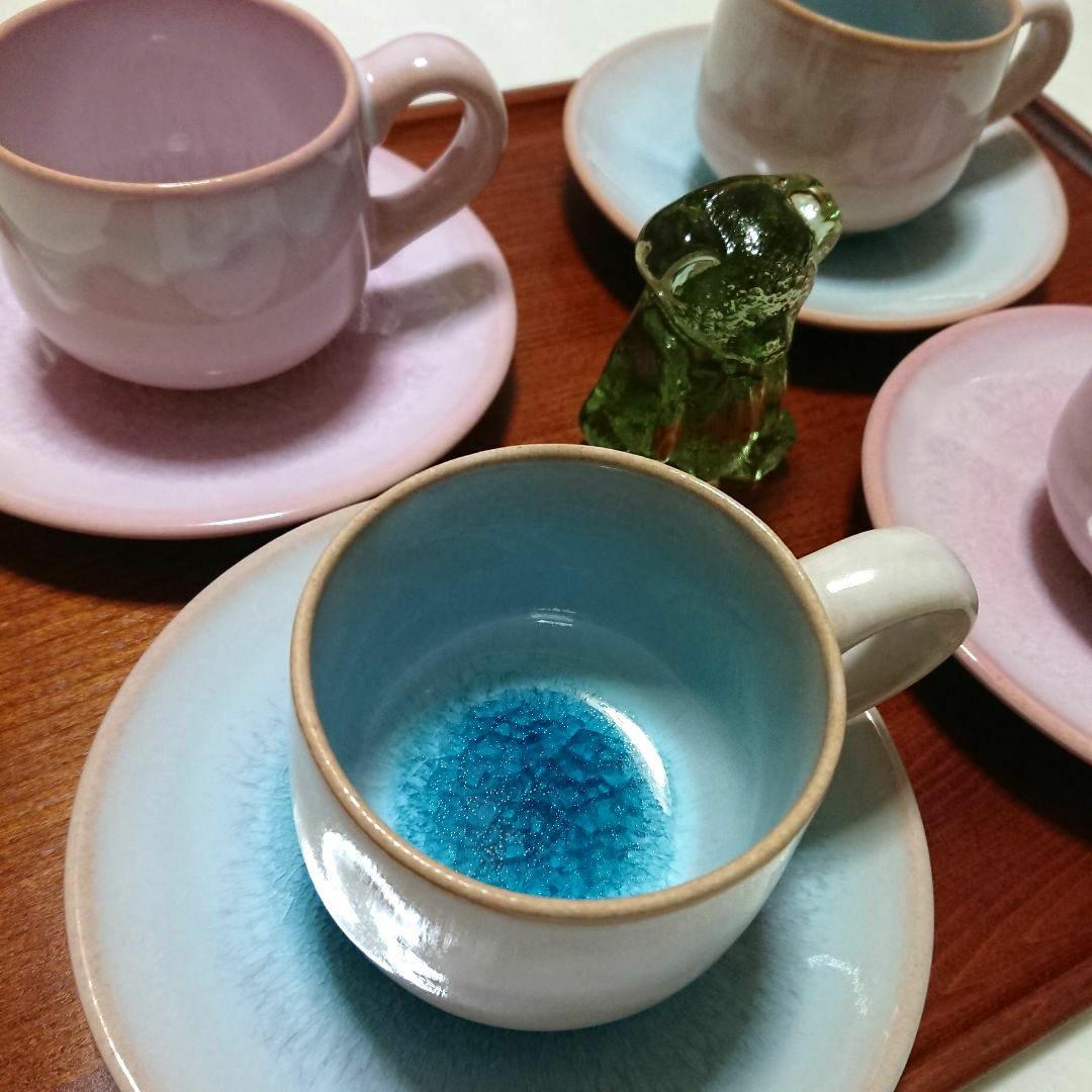 未使用 萩焼 天龍窯 ガラス釉 ソライロ モモイロ 珈琲碗皿・200ml