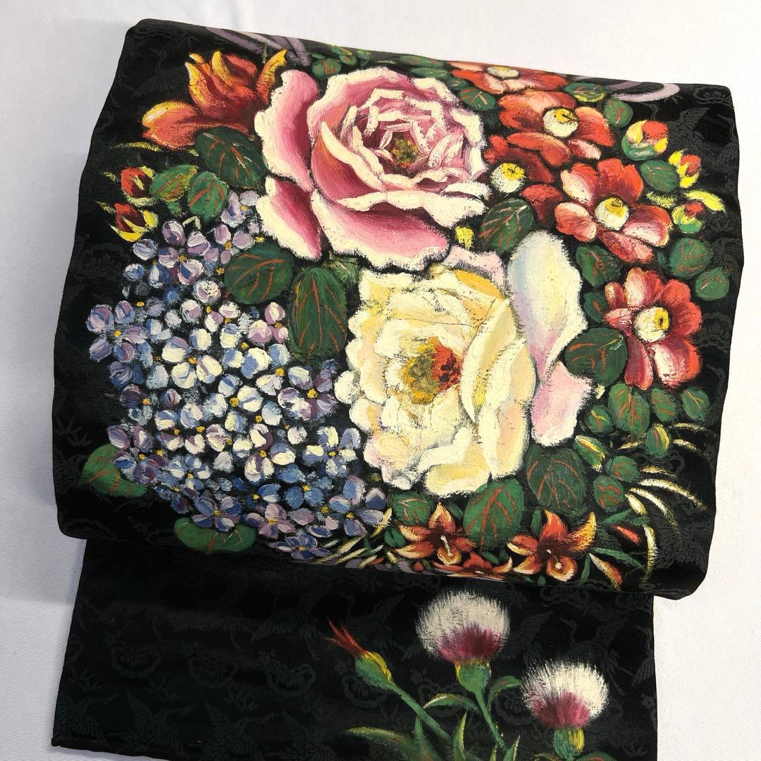 名古屋帯 アンティーク 手描き 花模様 薔薇 アザミ 花束 着物 024tz