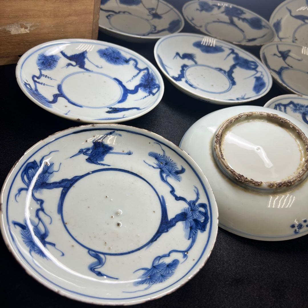 中国明時代　古染付中皿9枚　木箱付　直径約15.5㎝東Y8-0114☆2Fトウル 中国明時代 古染付中皿9枚 木箱付 直径約15.5㎝東Y8-0114☆2Fトウル