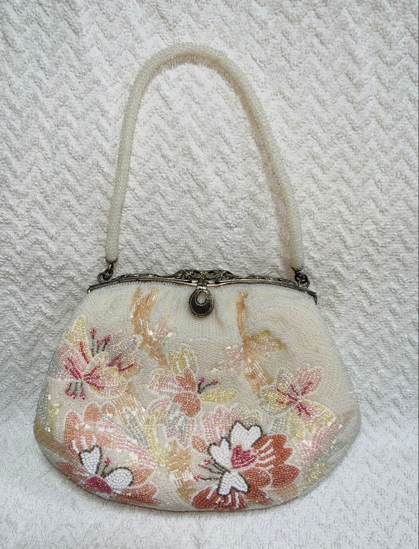 和装 花柄 総ビーズ刺繍バッグ 手縫い ハンドバッグ がま口 - メルカリ