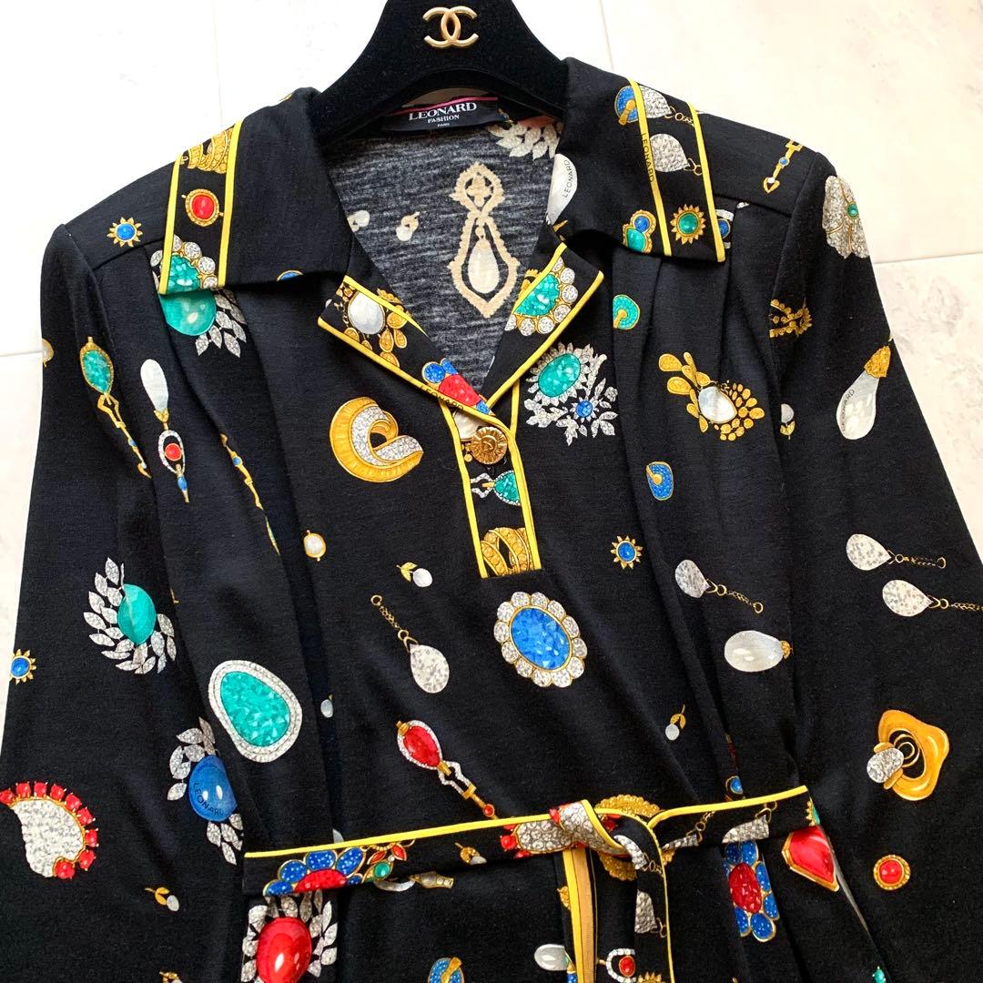 レオナール ベルト 膝丈ワンピース 宝石 ウールシルク 襟 トリム 金