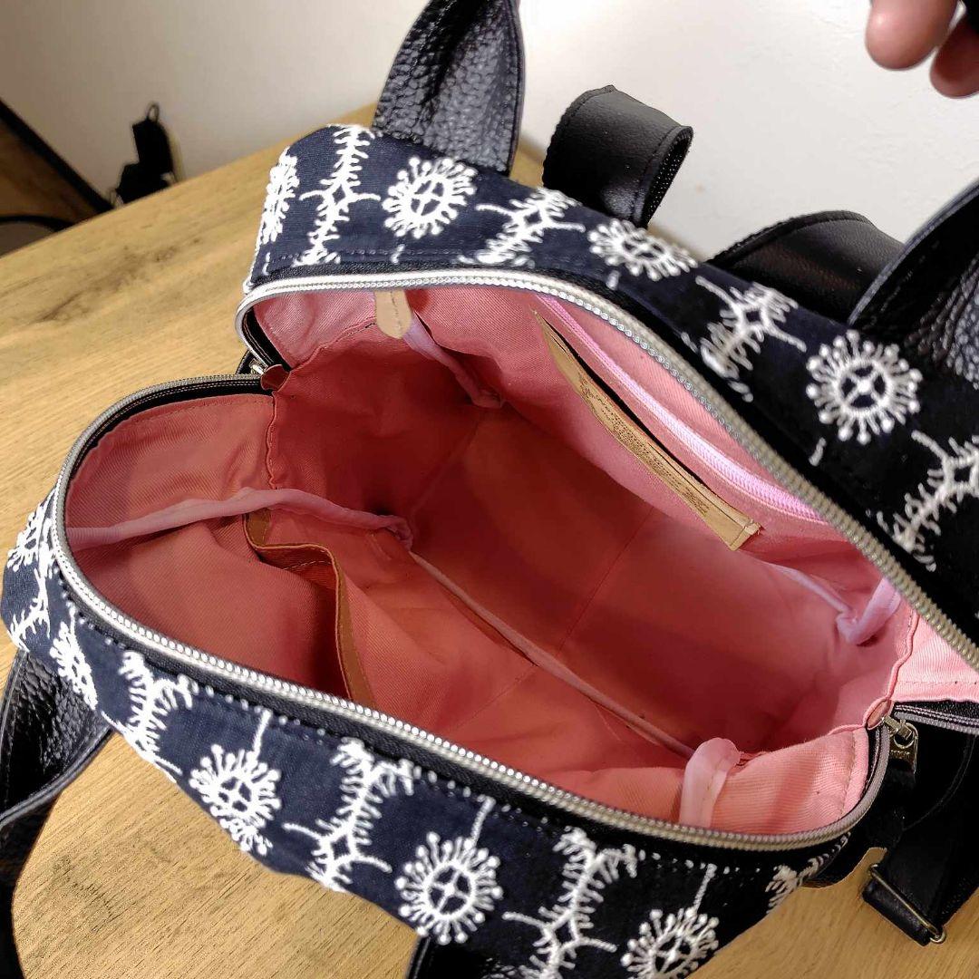 専用】/タンバリンネイビー×アネモネ/ボストン型トートリュック本革黒