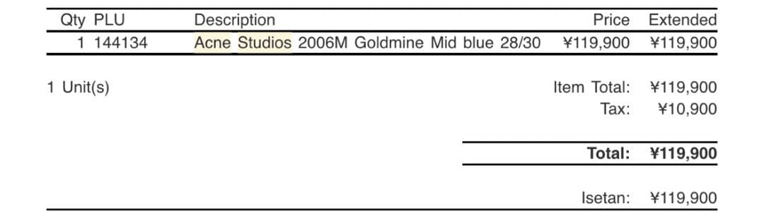 Acne Studios 2006M “Goldmine” サイズ28×30