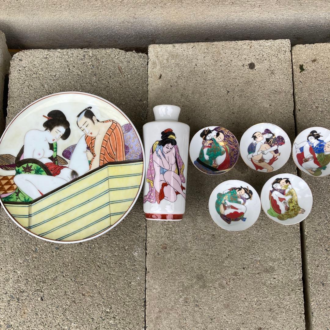 古い春画お猪口 時代 枕絵 浮世絵 艶絵 春画 お猪口 5客セット盃 骨董 古美術