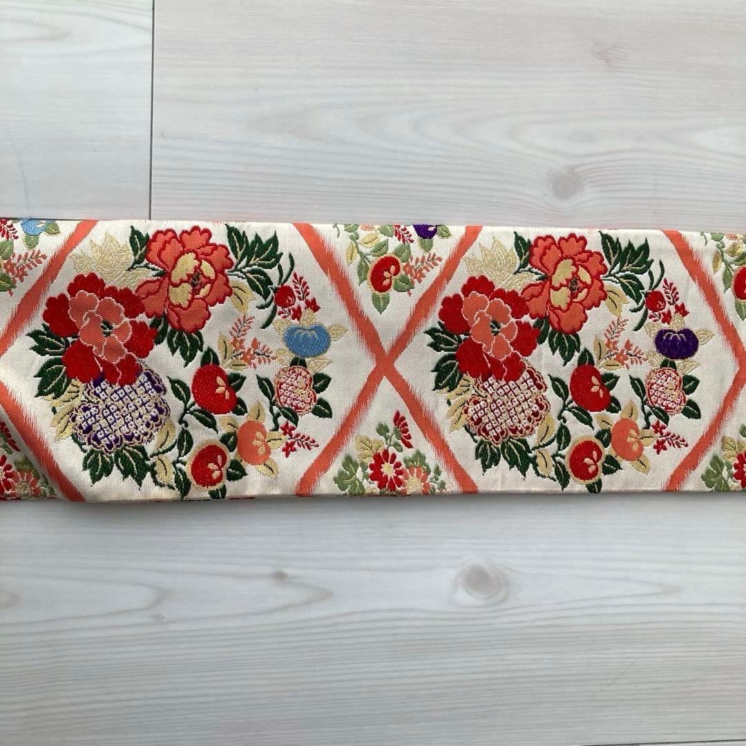 アンティーク名古屋帯 織り出し花模様 アイボリー 正絹 大正ロマンNo.28