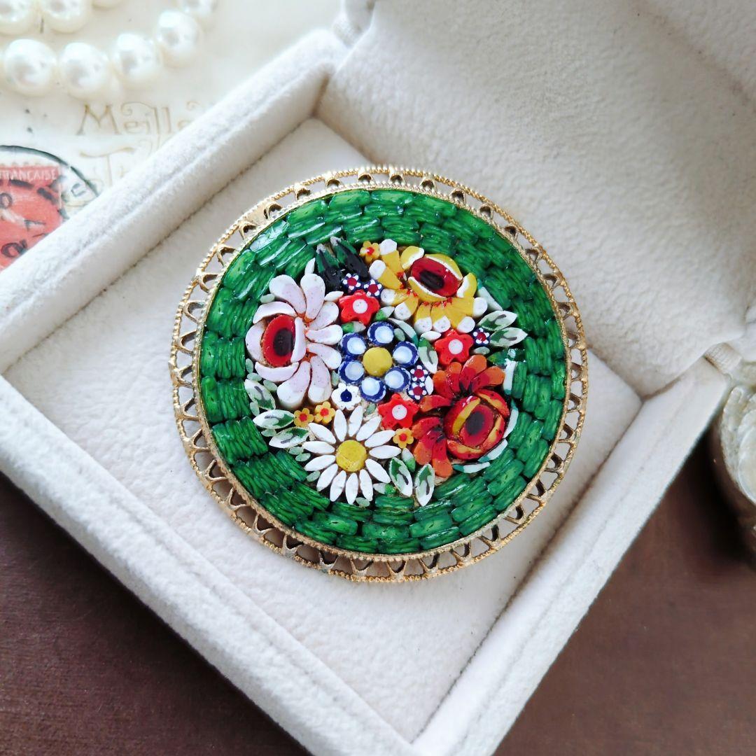 ITALY イタリア マイクロ モザイク ブローチ ラウンド 花模様 薔薇