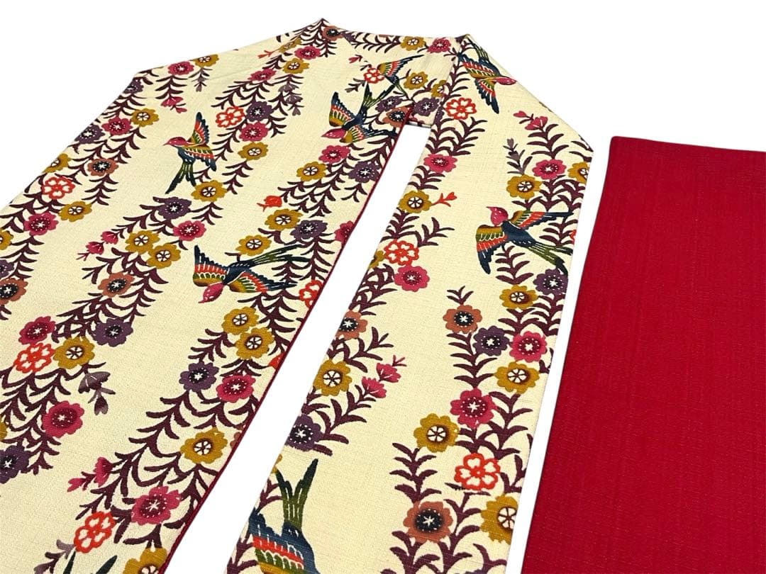 枝垂れ桜と鳥の紅型調型染め名古屋帯◇生成り色 未使用美品 染め帯