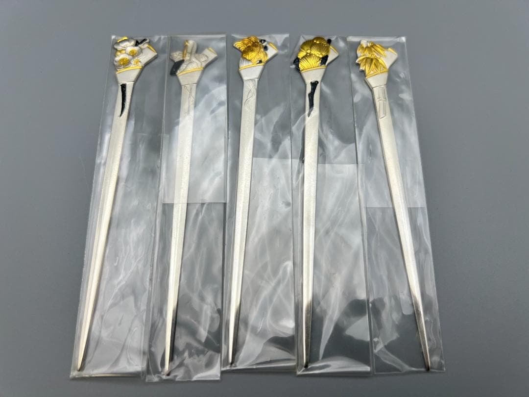 SILVER925 刻印 銀製 菓子楊枝 5本セット 鶴と亀 梅と竹 重量29g