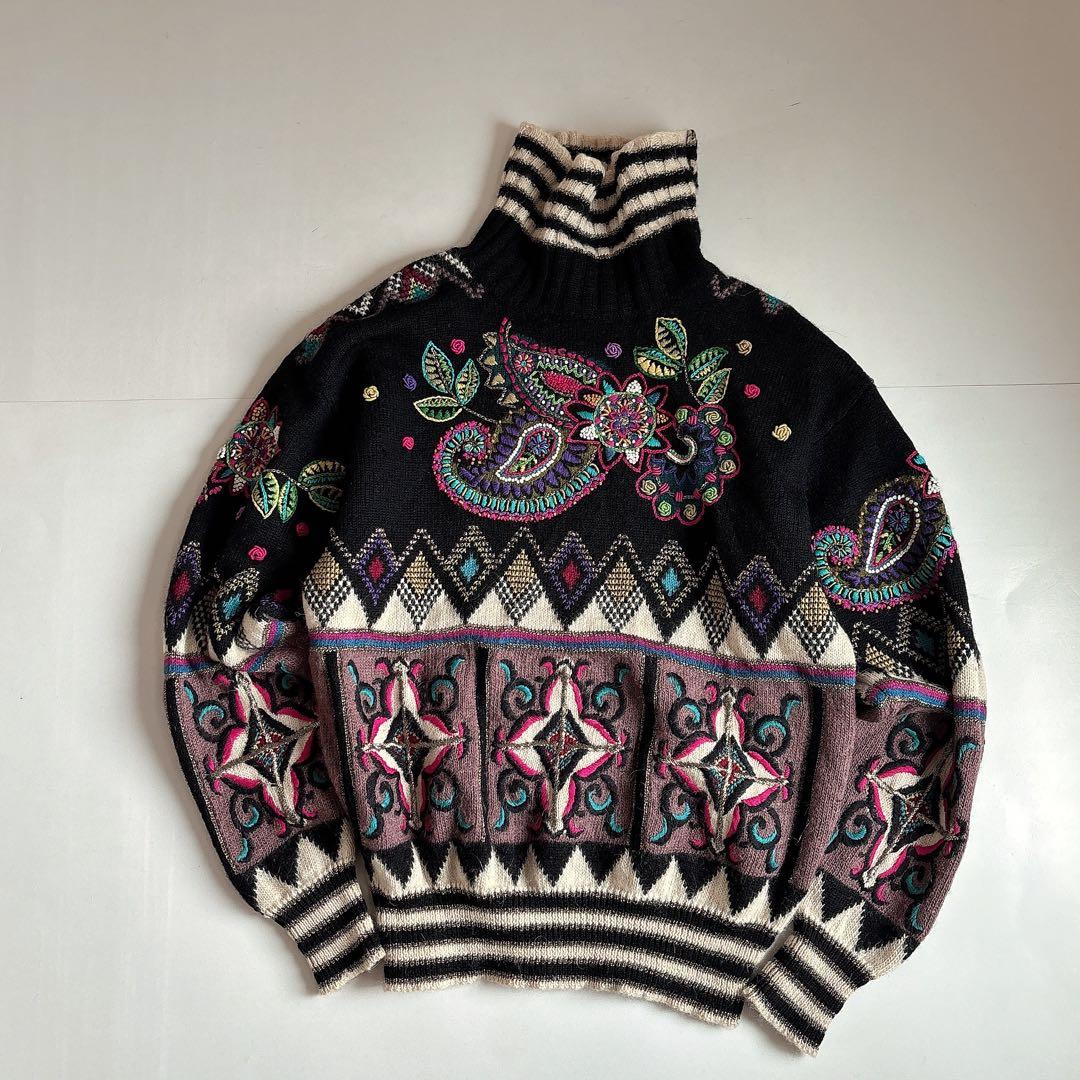 希少 ヴィンテージ 当時物 ヨシユキコニシ ペイズリー ハンドニット タートル 古着 70s Ireland製 Inishower ネップ ノルディック 柄 ローゲージ