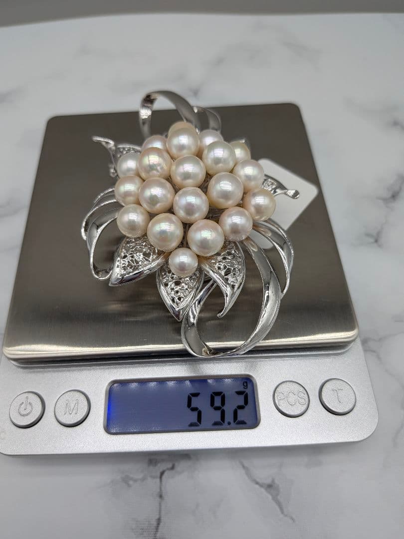 あこや真珠 ブローチ 大粒20珠 9.7×6.5cm 花デザイン　帯留め兼用