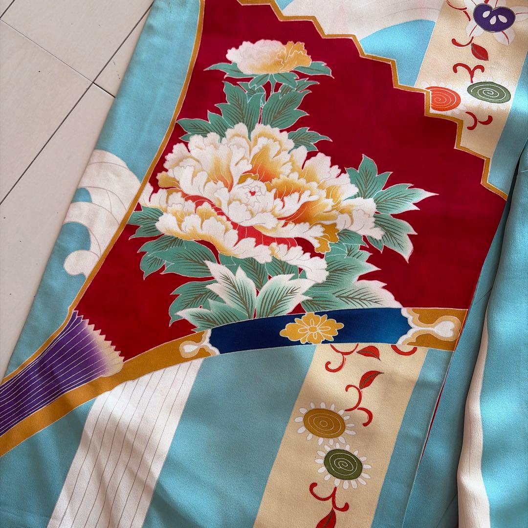 □E5787□アンティーク□正絹□水色 宝尽し柄 袷 小振袖□丈163 裄66