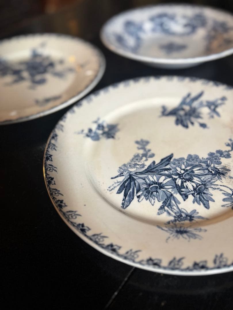 フランスアンティークプレート3枚セット スミレ・マーガレット、野花