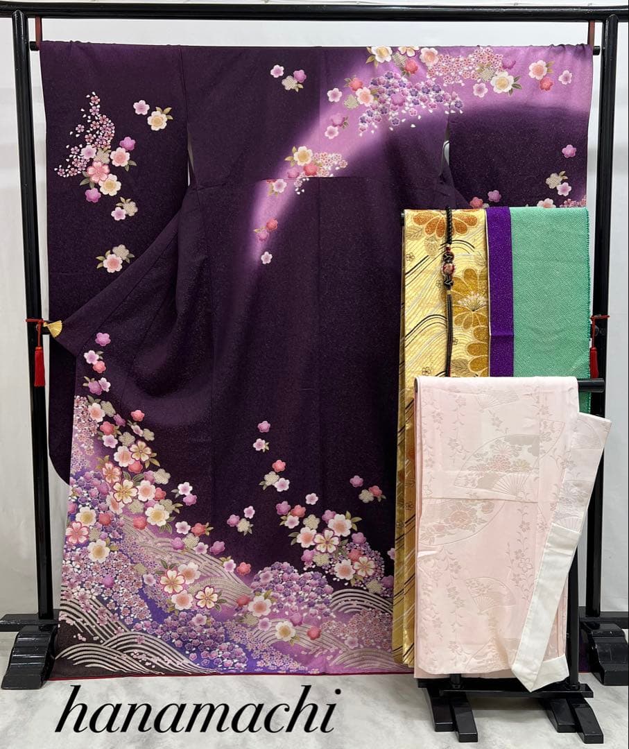 振り袖　フルセット　別誂長襦袢付　金彩加工　刺繍　銀通し　全通袋帯　紫　732 振袖 正絹 新品 仮絵羽 仕立て付き フルセット 長襦袢 袋帯 帯締め