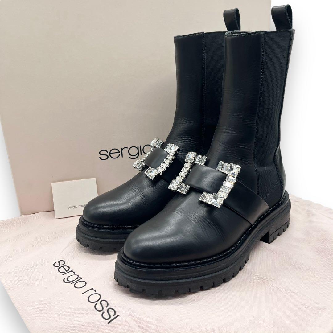極美品□セルジオロッシ サイドゴアブーツ クリスタル バイカー