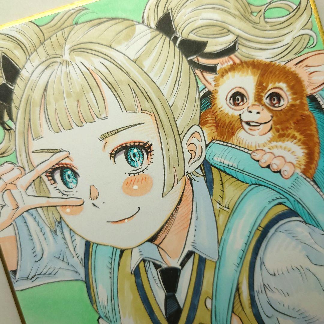 手描きイラスト 049】オリジナル色紙 「ツインテールの女の子と相棒