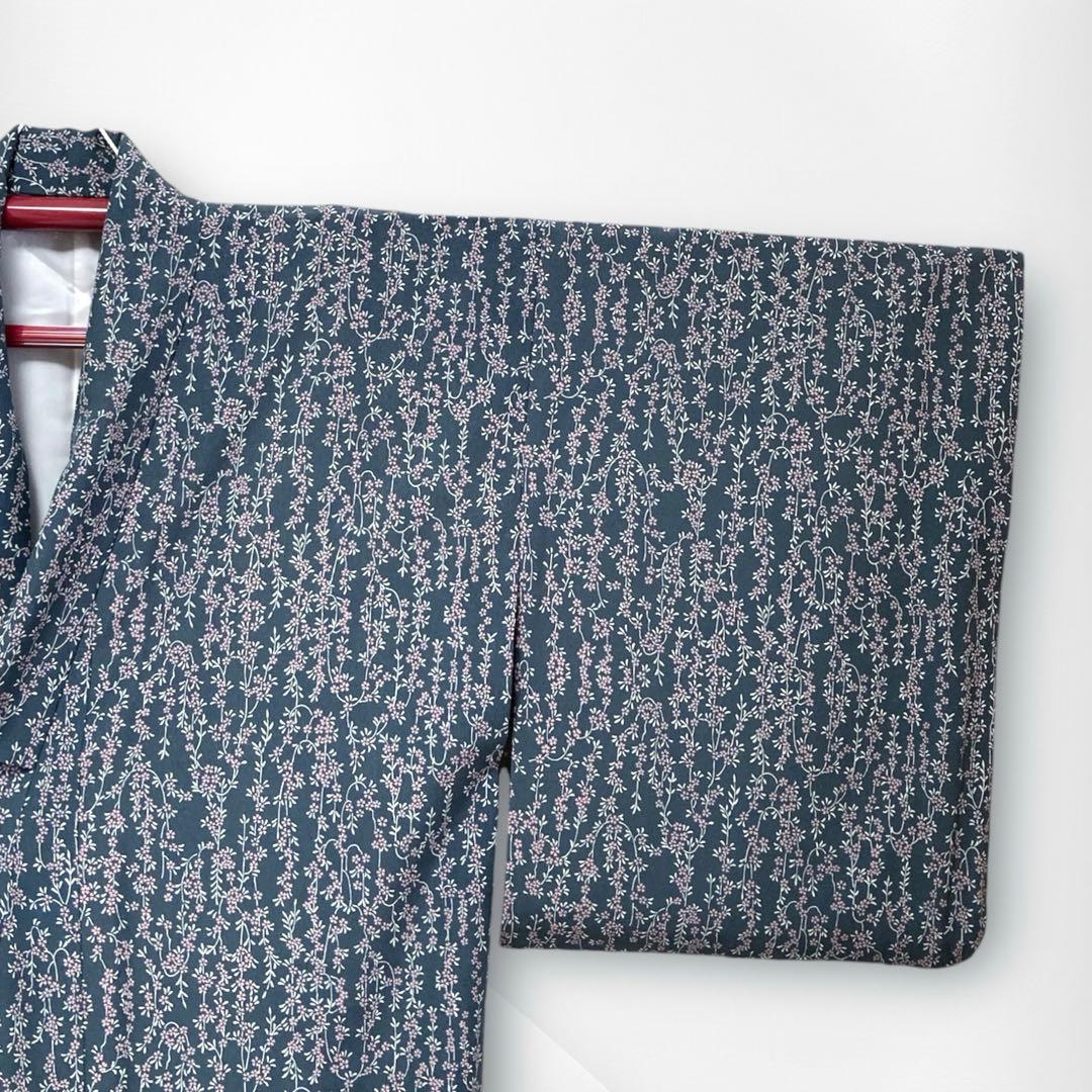 美品✨】東レシルック 洗える着物 小紋 しだれ桜 小桜 藍鼠 日本製
