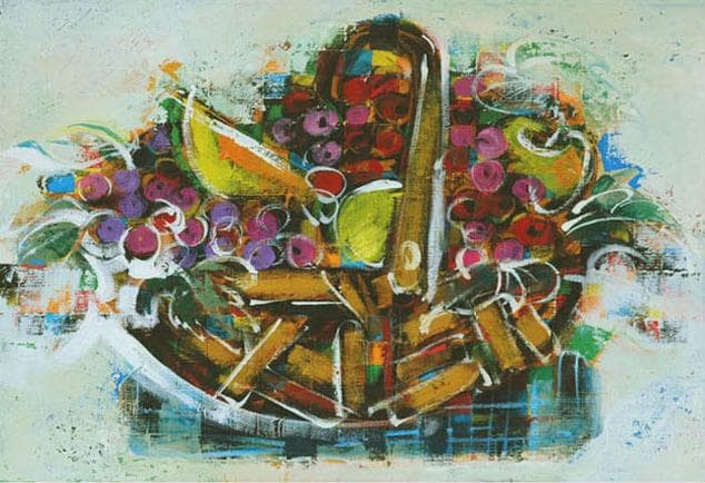 油絵菅家令子絵 絵画インテリア額付(青緑＋金色の枠)uF6-061403