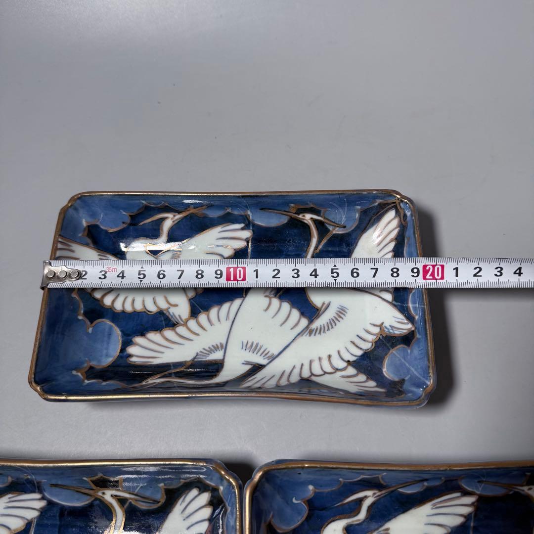 幕末明治期 染錦白鷺文様長皿 五客 古陶を楽しむ アンティーク