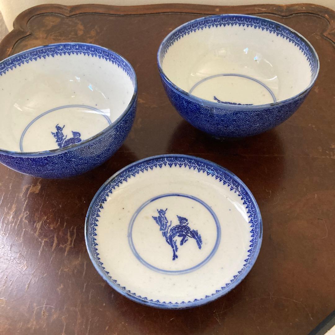 微塵唐草 二器セット 骨董 明治時代