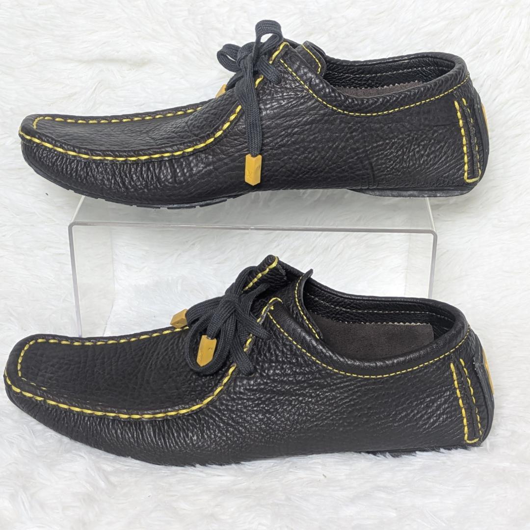 ルイヴィトン レザー ドライビングシューズ 7.5 黒×イエローステッチ