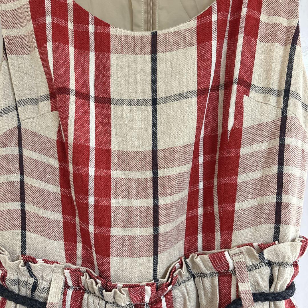 バーバリーブルーレーベル ノバチェック ノースリーブワンピース 麻 赤