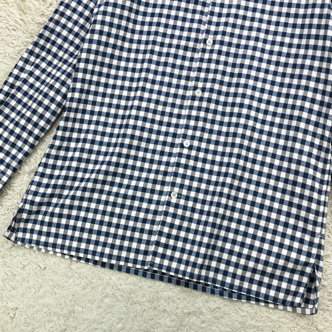 45R シャツ 長袖 丸襟 ギンガムチェック コットン Rステッチ刺繍