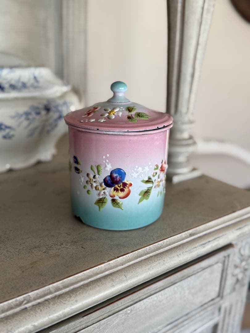 フランスアンティークホーロージャピー社ハンドペイントのマリアージュキャニスター フランス アンティーク ホーロー製 キャニスター ブルー 4個セット N