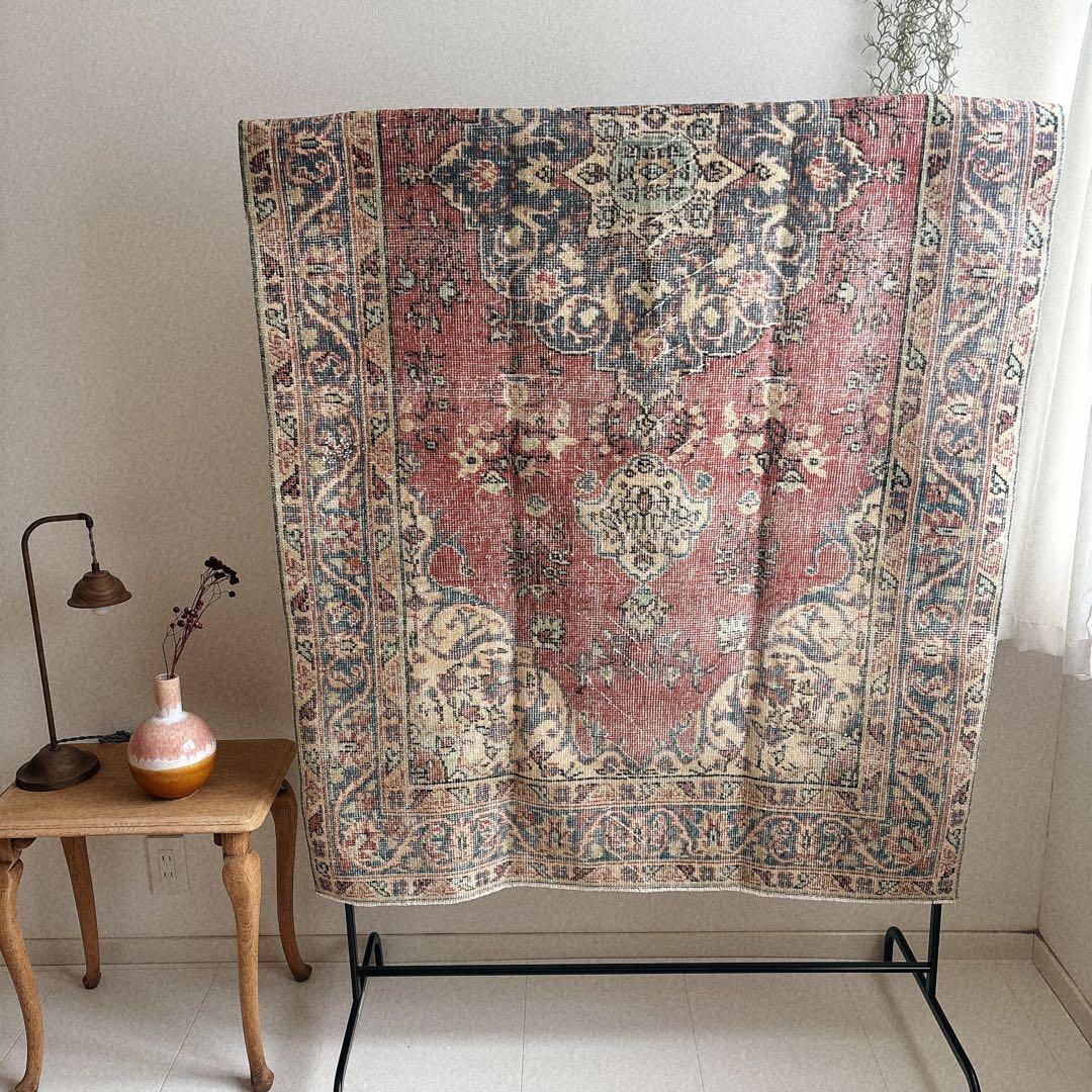 トルコ　ヴィンテージ ラグ　くすみピンク　ネイビー　メダリオン トルコ ヴィンテージラグ A123 超大判 ダークレッド ネイビー