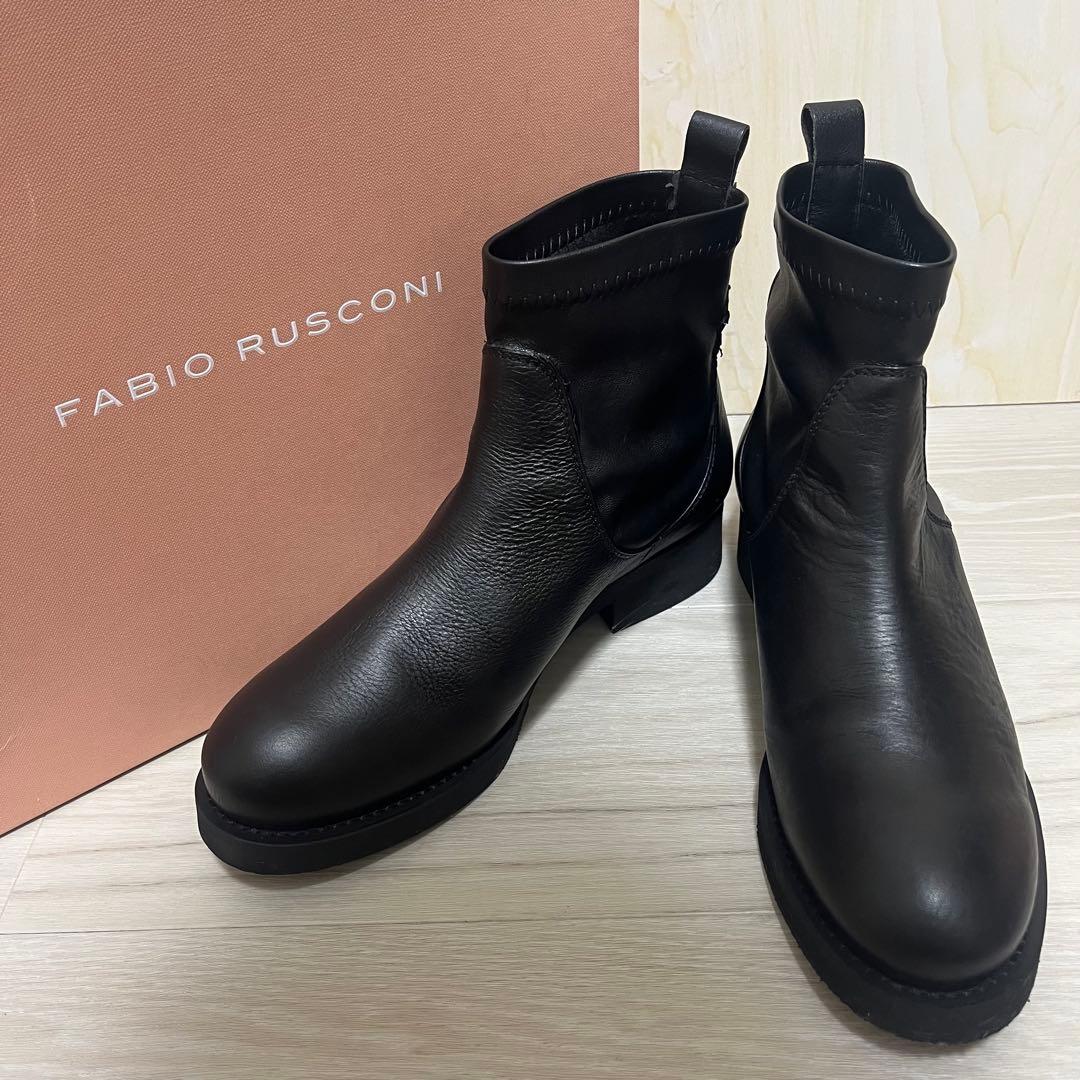 本革　FabioRusconi 24.5cm ストレッチショートブーツ ブラック