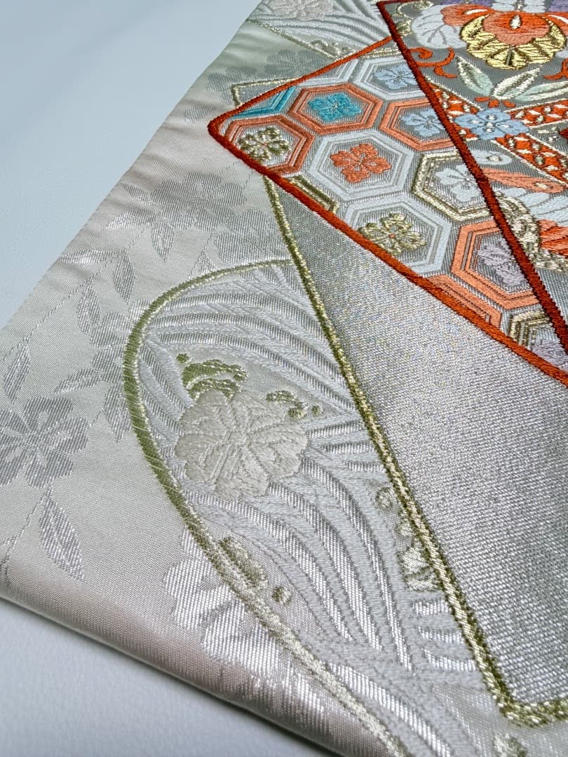 高級 袋帯 正絹 六通柄 香織袋帯 シルバー ホワイト 唐織 かるた遊び