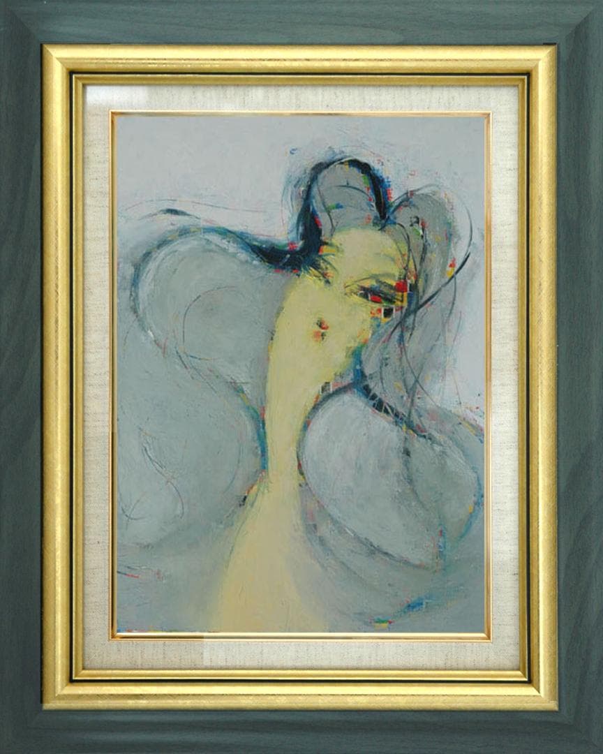 油絵 菅家令子 絵 絵画インテリア額付(青緑＋金色の枠) F6-081212女性 油絵 菅家令子 絵 絵画インテリア額付(青緑＋金色の枠) F4-071012女性