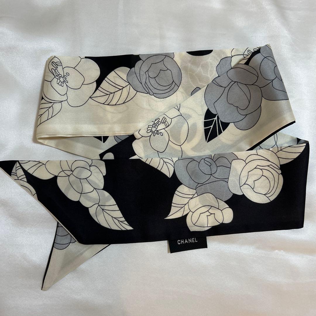 CHANELモチーフ リボンスカーフ 細スカーフ アイボリー ブラック