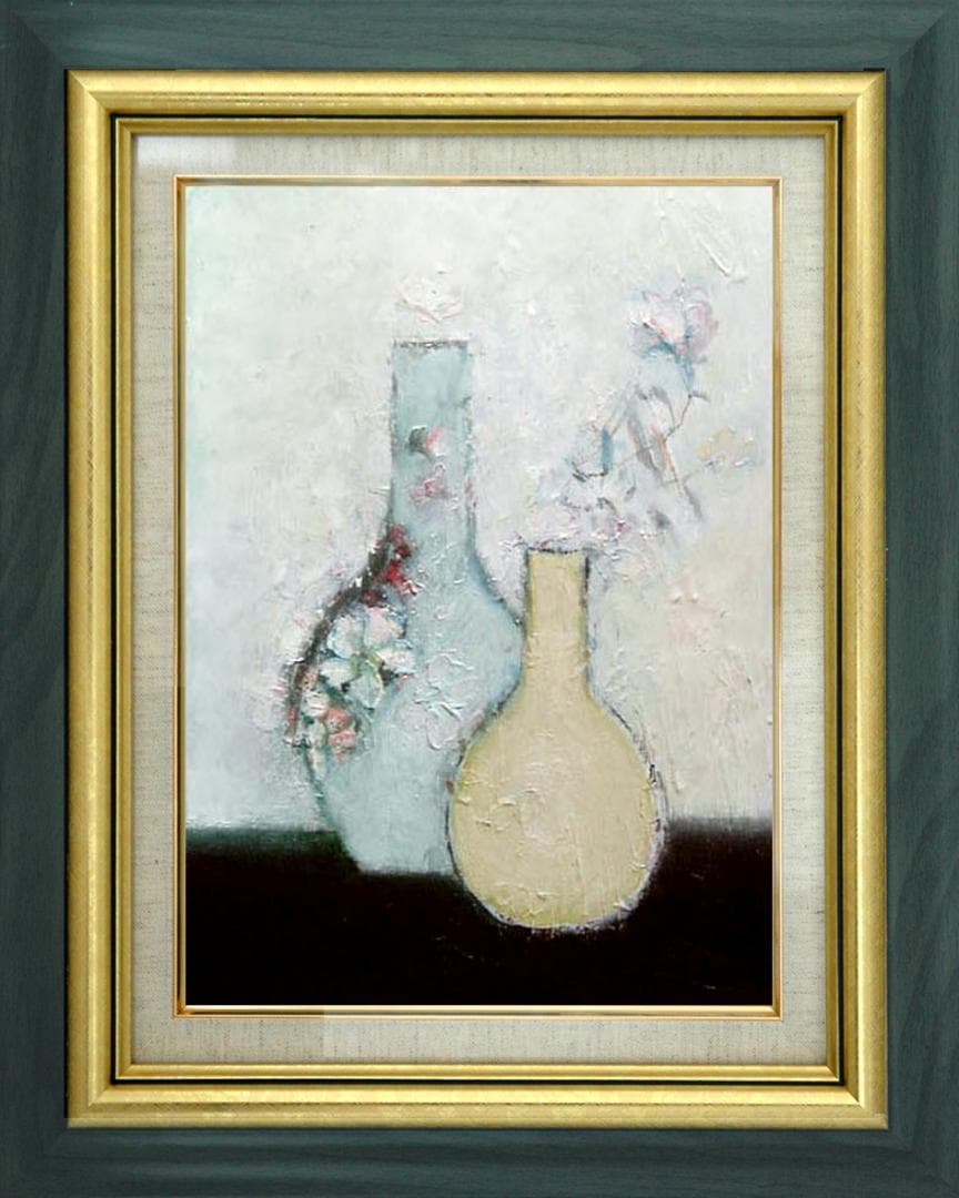 油絵 菅家令子 絵 絵画インテリア額付(青緑＋金色の枠)uF6-111102花瓶 油絵 菅家令子 絵 絵画インテリア額付(青緑＋金色の枠) F6-081911富士