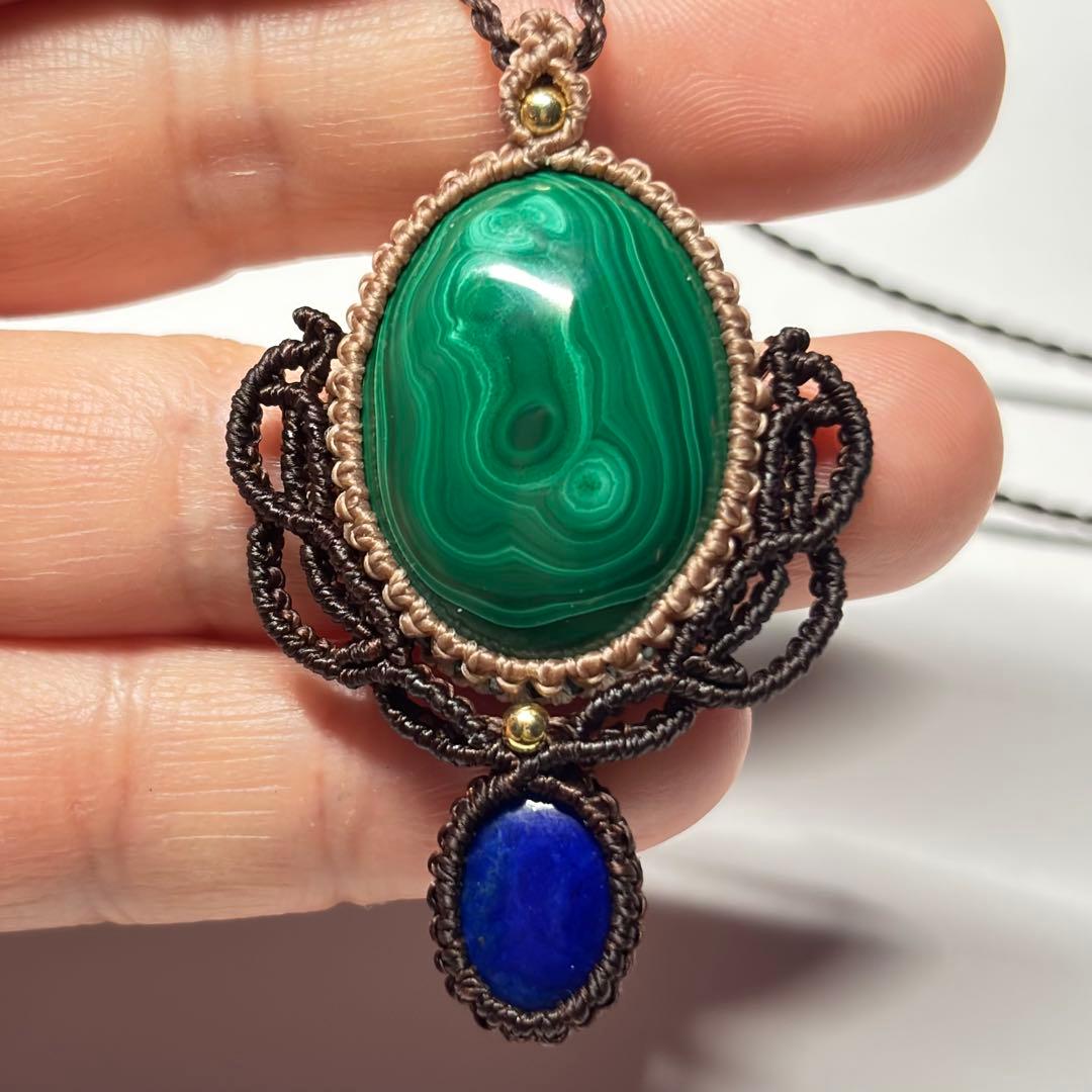 2080 ♡マラカイト&ラピスラズリ天然石♡マクラメネックレス ペンダント