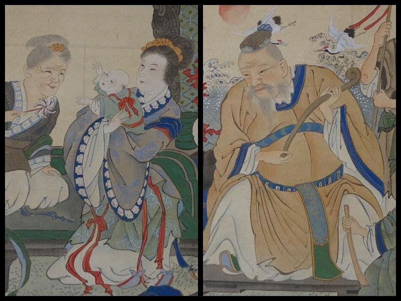 江戸中期絵師 南蘋派 岡岷山作『郭子儀図』絹本大型掛軸 真作 箱付