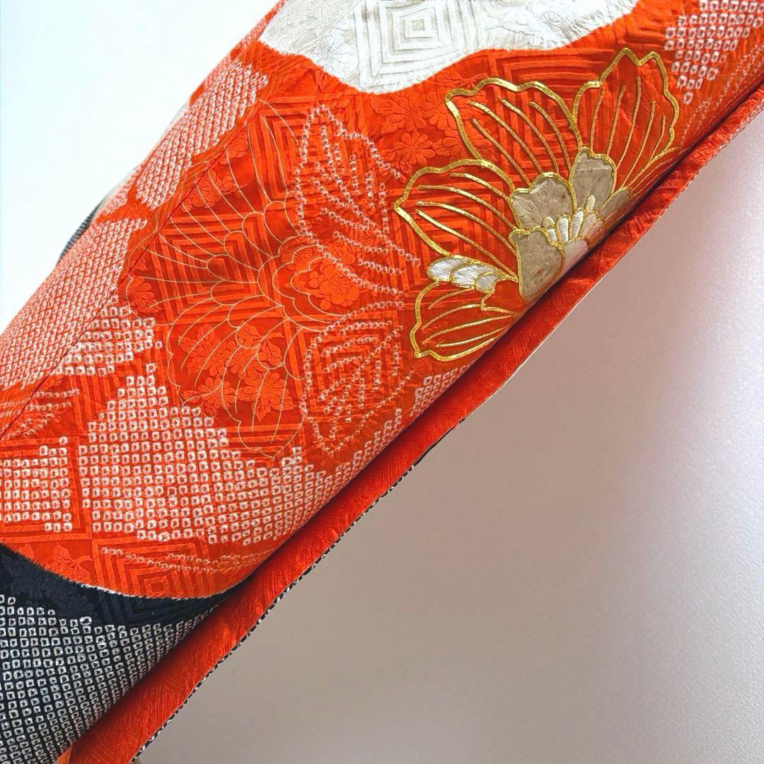 21 振袖フルセット 正絹 朱赤 黒 金彩 絞り 駒刺繍 レトロ