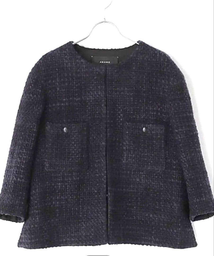 超美品ADORE 黒紺 ノーカラーツイードジャケット7-8部袖 大草直子